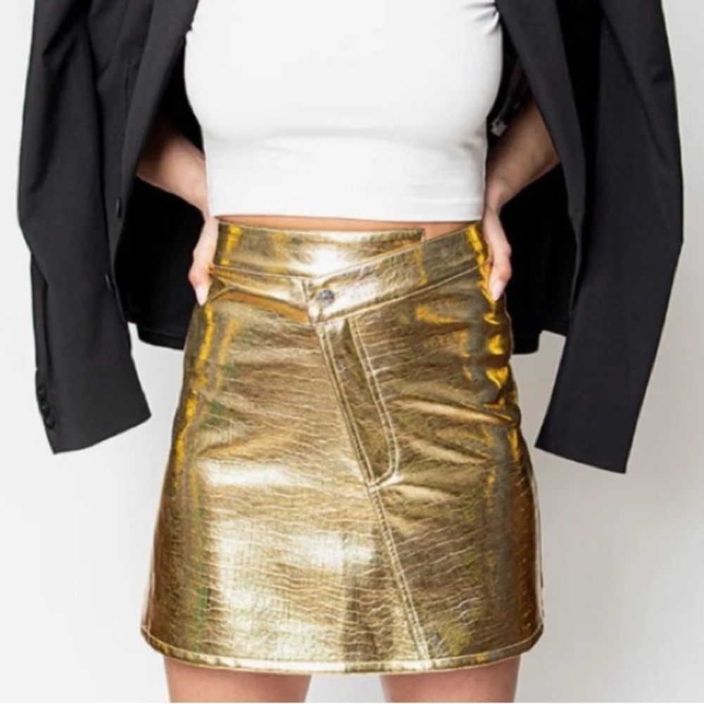 Torn by Ronny Kobo Donny Mini Skirt Metallic Gold Faux Leather Size Small NWT